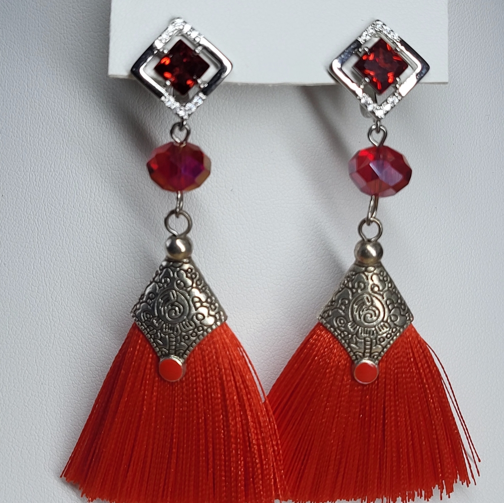 Elegant Red Tassel Earrings With Red Crystal Beads